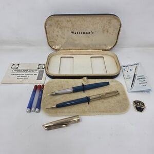 Vintage Waterman’s Blue Fountain Pen and Pencil Set 14 Kt Nib In Original Box